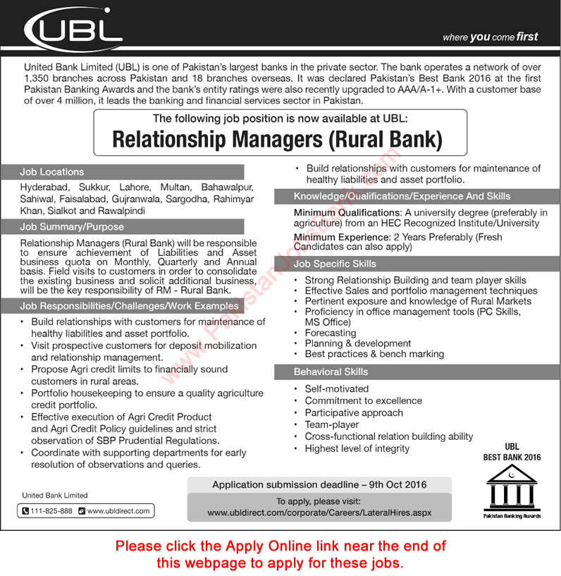 Relationship Manager Jobs In UBL October 2016 Apply Online United Bank 